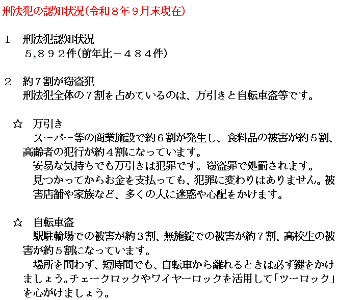 刑法犯の認知状況（令和8年9月現在）